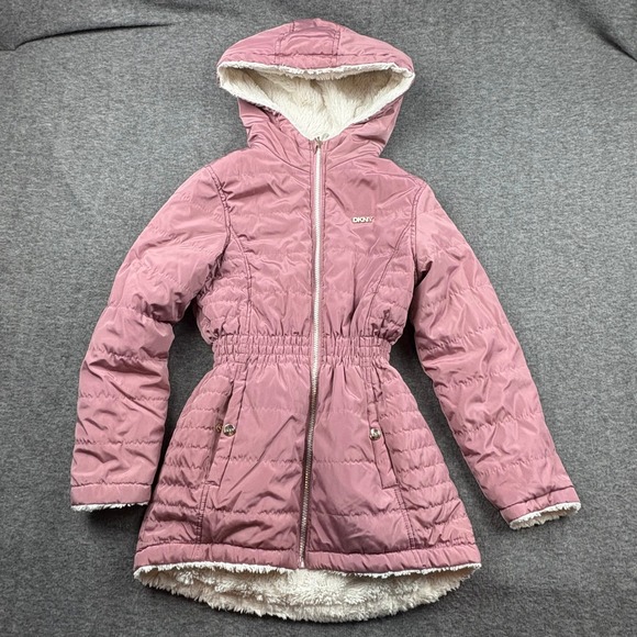 DKNY Girls M (10-12) Jacket Dusty Rose Blush Reversible Full Zip Hooded *READ* - Picture 1 of 16